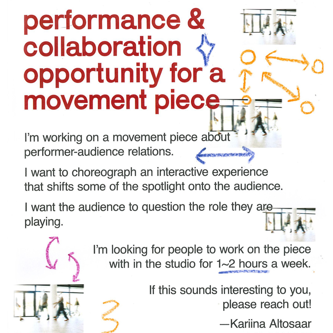 Poster for a performance and collaboration opportunity for a movement piece about performer-audience relations